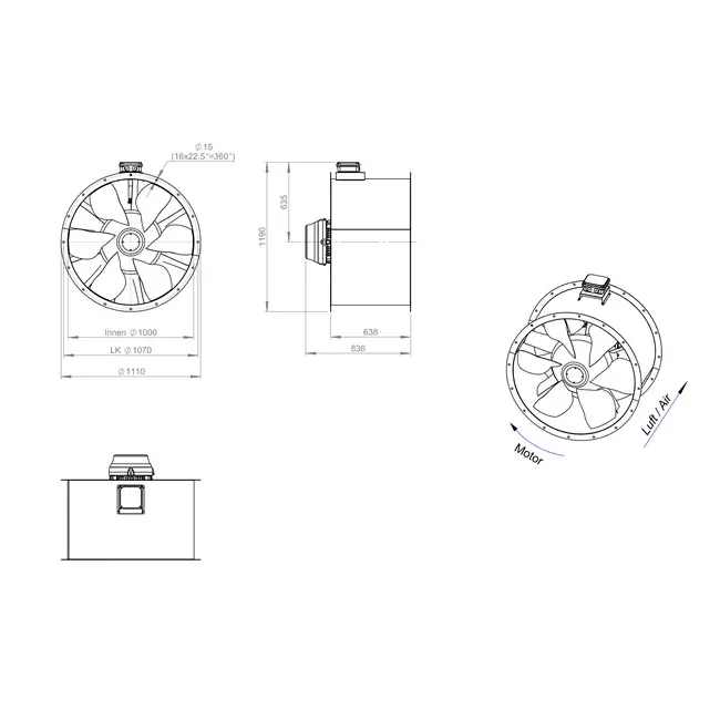 Aksial 1000 mm kanalventilator røggas F300- AL 1000 D84U F3 02 CFG
