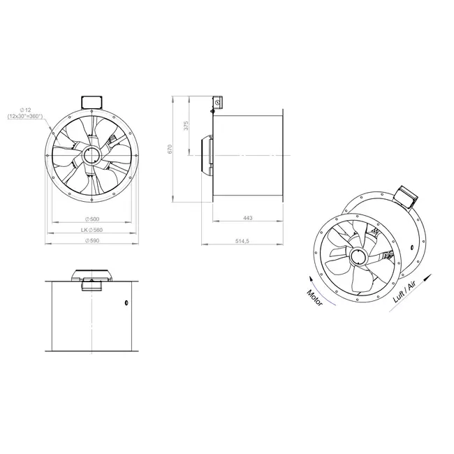 Aksial 500 mm røggasventilator med kanal F300- AL 500 D2 F3 03 CFG