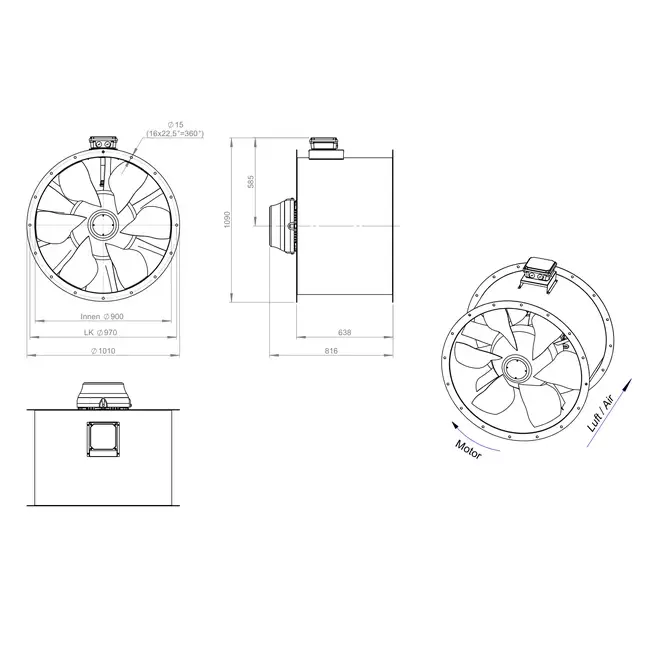 Aksial 900 mm røggasventilator med kanal F400 - AL 900 D84U F4 03 CFG