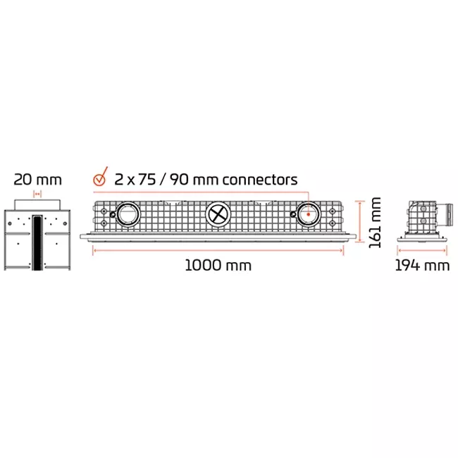 Ergovent rammeløs spaltediffusor 1000 mm med tilslutningsdiameter 90 mm - profil
