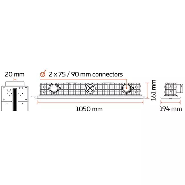 Ergovent rammeløs spaltediffusor 1050 mm med tilslutningsdiameter 90 mm - modulær - 1 spalte