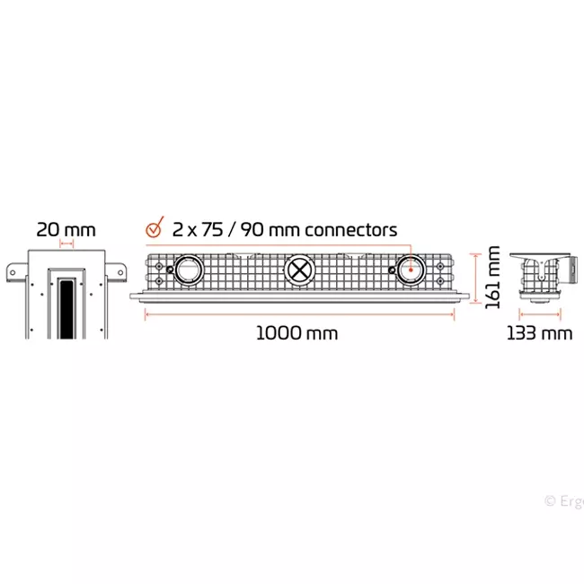 Ergovent rammeløst gitter 1000 mm med tilslutningsdiameter 90 mm - standard