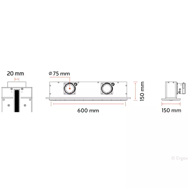 Ergovent rammeløs spaltediffusor 600 mm med tilslutningsdiameter 75 mm - profil