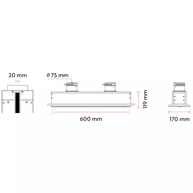 Ergovent rammeløs spaltediffusor 600 mm med tilslutningsdiameter 75 mm - profil (lodret)