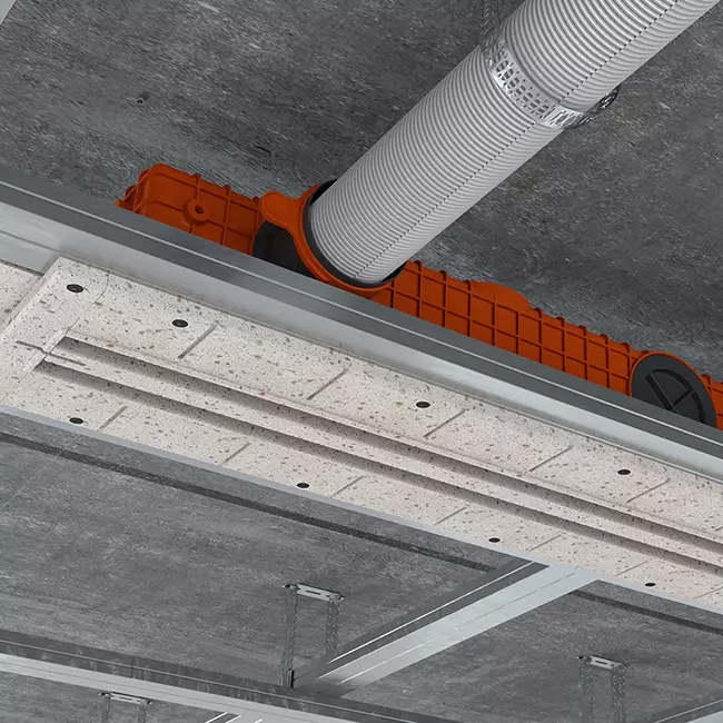 Ergovent rammeløs linjegitter til indbygning, 1050 mm, med tilslutningsdiameter 75 mm – modulopbygget – 2 slidser