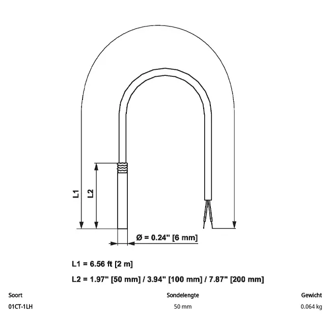 Belimo kabeltemperaturføler NTC10k (10k2) 50x6 mm - 2 meter - 01CT-1LH