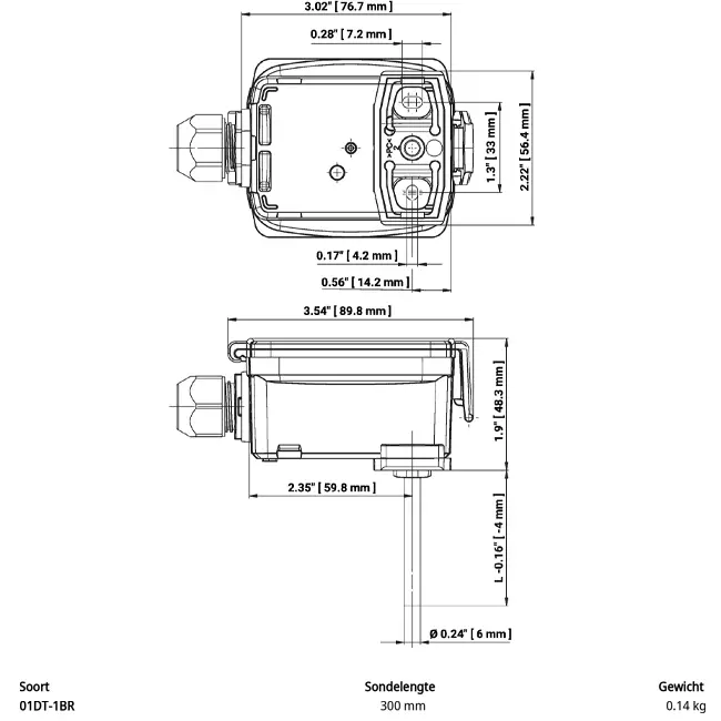 Belimo kanal/inddampningstemperaturføler PT1000 300x6 mm - 01DT-1BR