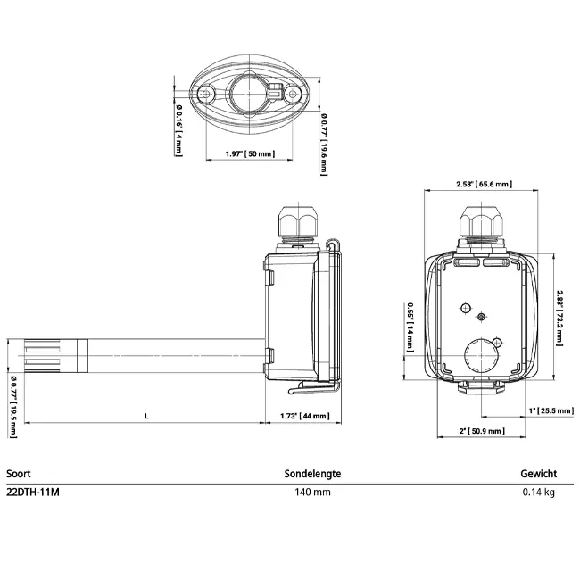 Belimo kanalsensor til fugtighed og temperatur - sonde 140 mm - 22DTH-11M