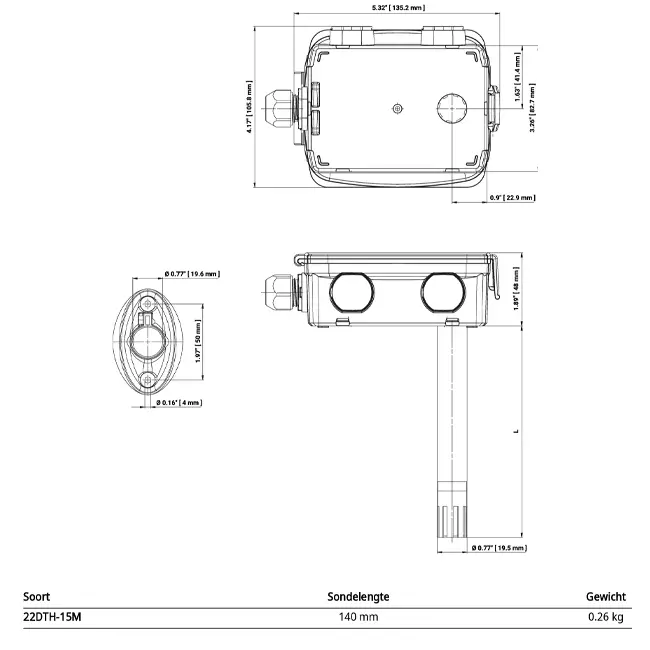 Belimo kanalsensor til fugtighed og temperatur - Modbus RTU - sonde 140 mm - 22DTH-15M