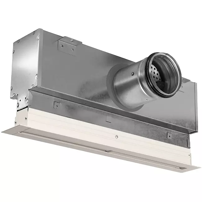 Aluminiumsgitter med 1 justerbart mønsterblad – 1000 mm – RAL 9010 + akustisk isoleret plenum med luftstrømsreguleringsventil