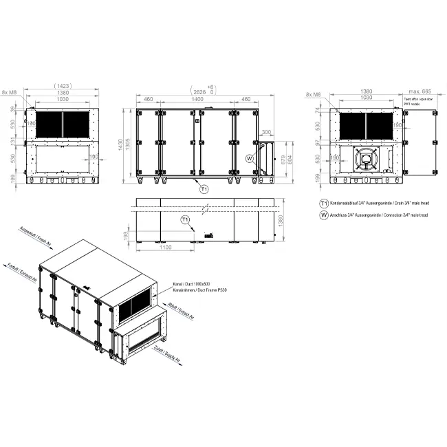 Maxivent WTW luftbehandlingsanlæg med modstrømsvarmeveksler 7600 m³/h med varmtvandsbatteri, vandret til højre – PHE 7600 H WOJR T 02