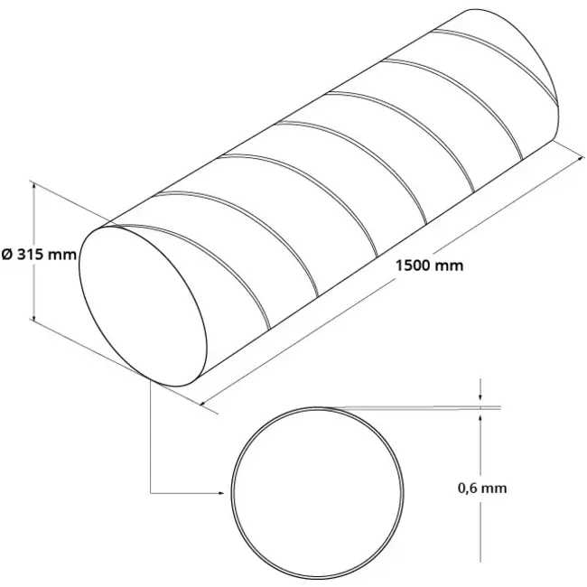 Spirorør, diameter 315 mm, længde 1,5 meter – rundt, galvaniseret