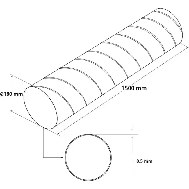 Spirorør, diameter 180 mm, længde 1,5 meter – rundt, galvaniseret