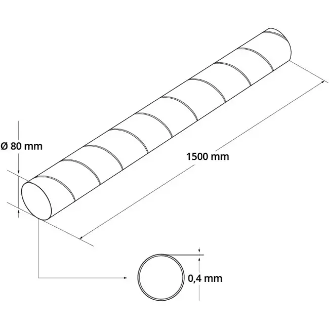 Spirorør, diameter 80 mm, længde 1,5 meter – rundt, galvaniseret