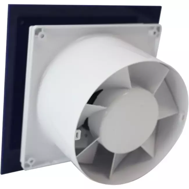 Air Roxy badeværelsesventilator med tilslutningsdiameter 100 mm med forsinket start og timer – frontpanel i blå plast
