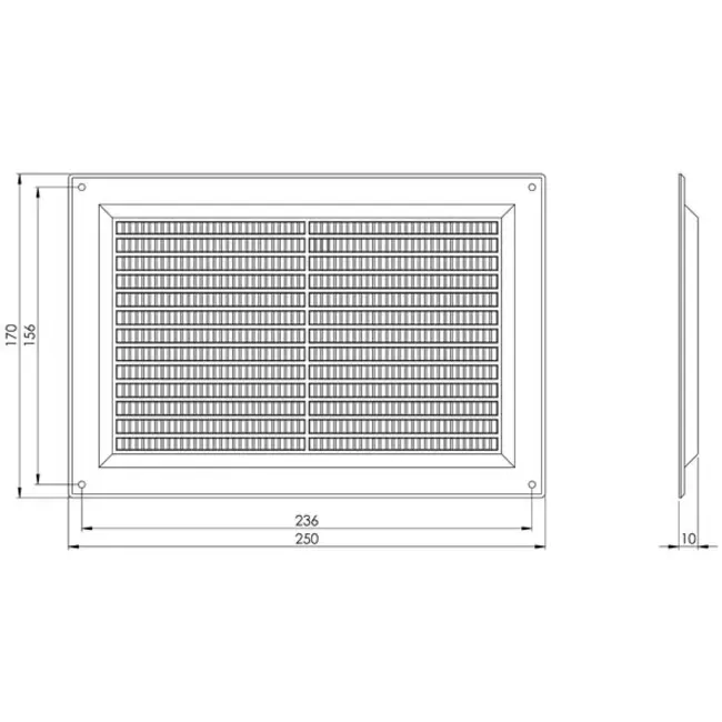 Rektangulær ventilationsrist med rist 250x170 hvid - VR2517