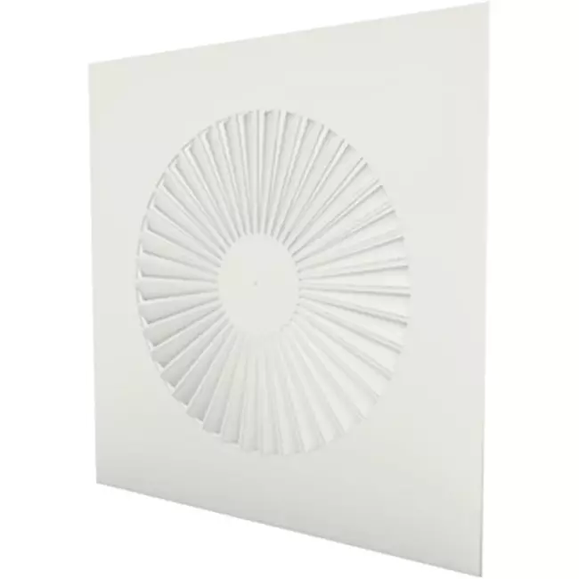 Firkantet hvirveldiffusor 600 x 600, 350 mm faste ventilatorblade og uisoleret trykfordelingsboks med 160 mm tilslutning på siden - RAL 9010