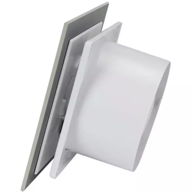 Badeværelsesventilator Ø 125 mm med fugtsensor og timer – frontpanel i satin sølvfarvet glas