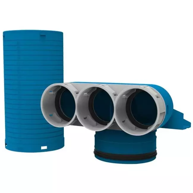 Vent-Axia Uniflexplus ventilmanifold 3 x Ø69mm med samlestykke Ø 125 mm 90° (lang)
