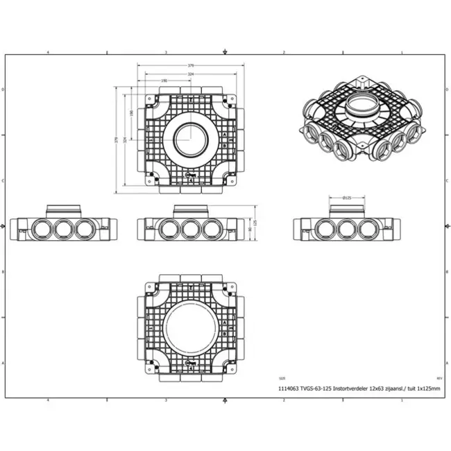 Vent-Axia UniflexPlus-kompositfordeler 12 x Ø 69 mm sideindgangstuds Ø 160 mm