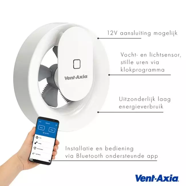 Vent Axia Svara badeværelsesventilator med fugt- og lyssensor Ø 100 – 125 mm (app-styret)
