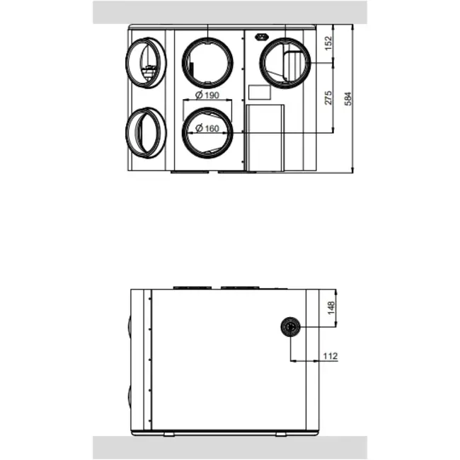Duco MVHR Ducobox Energy 570 – 2 zonestyring med varmelegeme – venstre – 570 m³/t