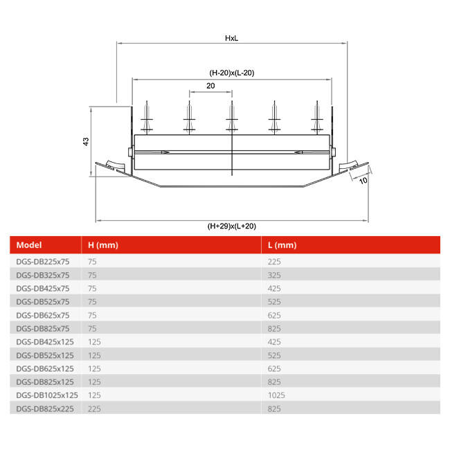 Dobbelt justerbart kanalgitter 825x225 mm til kanal 630 til 1400 mm - DGS-DB825x225
