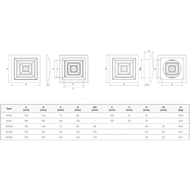 Firkantet loftdiffusor 150x150 diameter: 100 hvid - ND10G
