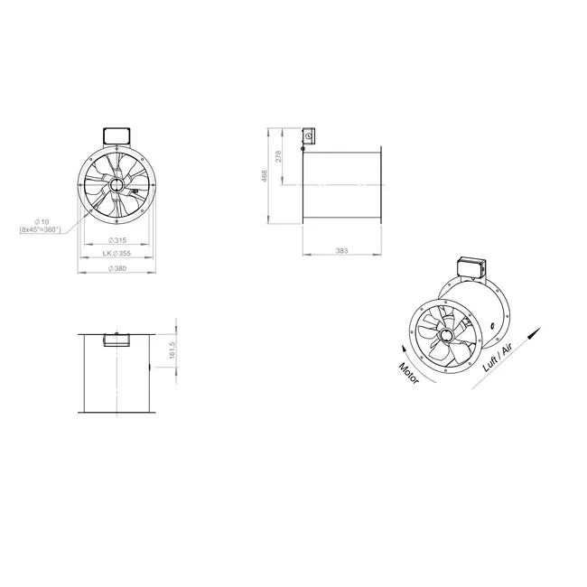 Axial 315 mm røggasventilator med kanal F300- AL 315 D4 F3 01 CFG