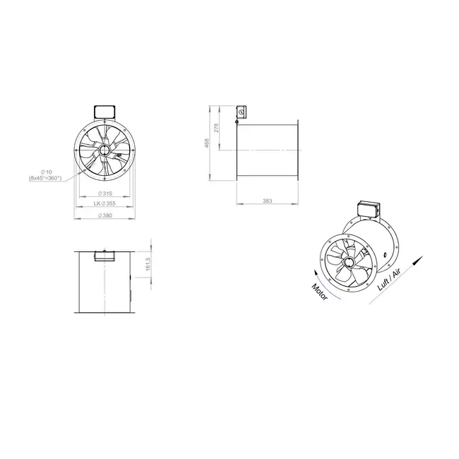 Axial 315 mm røggasventilator med kanal F300- AL 315 D2 F3 01 CFG