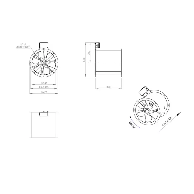 Aksial 355 mm røggasventilator med kanal F300- AL 355 D2 F3 01 CFG