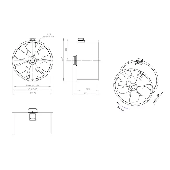 Aksial 1250 mm kanalventilator røggas F300- AL 1250 D6 F3 01 CFG