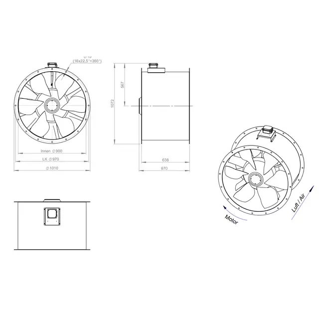 Aksial 900 mm røggasventilator med kanal F300- AL 900 D4 F3 02 CFG