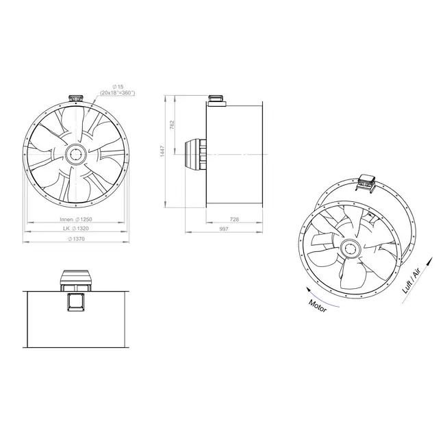 Aksial 1250 mm kanalventilator røggas F300- AL 1250 D6 F3 02 CFG