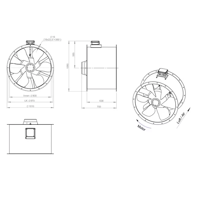 Aksial 900 mm røggasventilator med kanal F300- AL 900 D4 F3 03 CFG