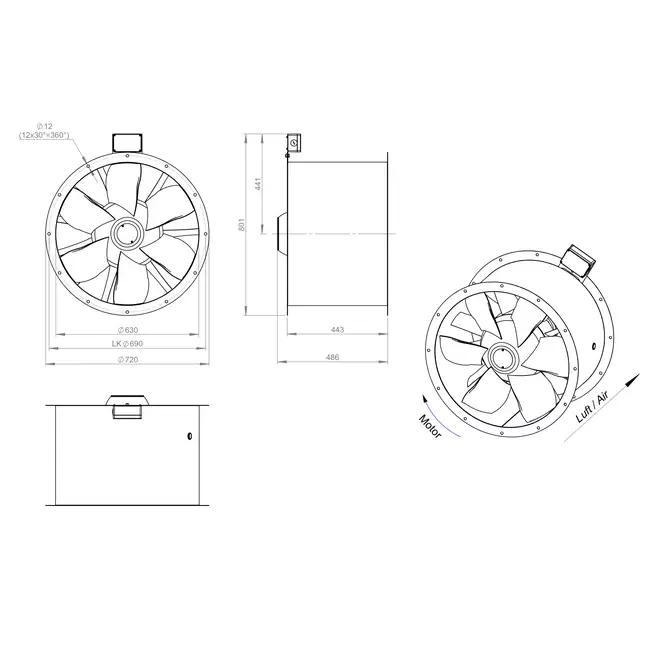 Axial 630 mm røggasventilator med kanal F300- AL 630 D6 F3 01 CFG