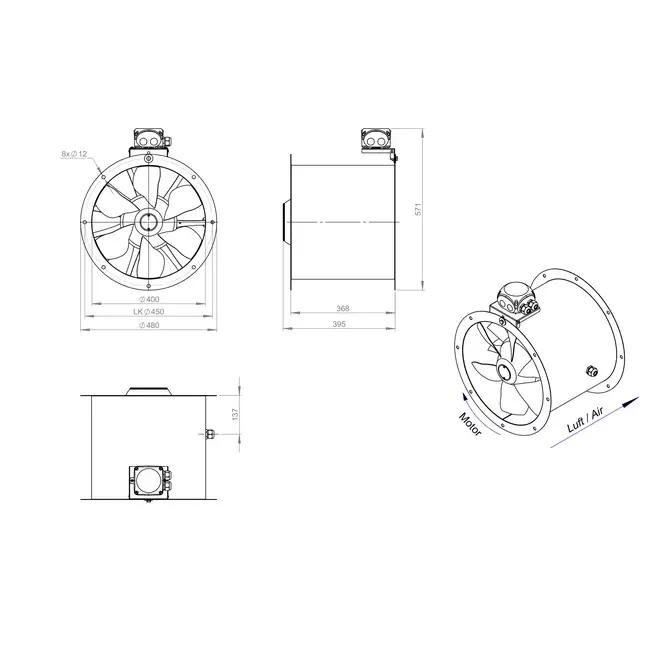 Aksial 400 mm kanalventilator - AL 400 D42U 01 CFG