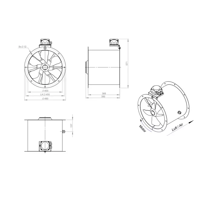 Aksial 400 mm kanalventilator - AL 400 D4 02 CFG