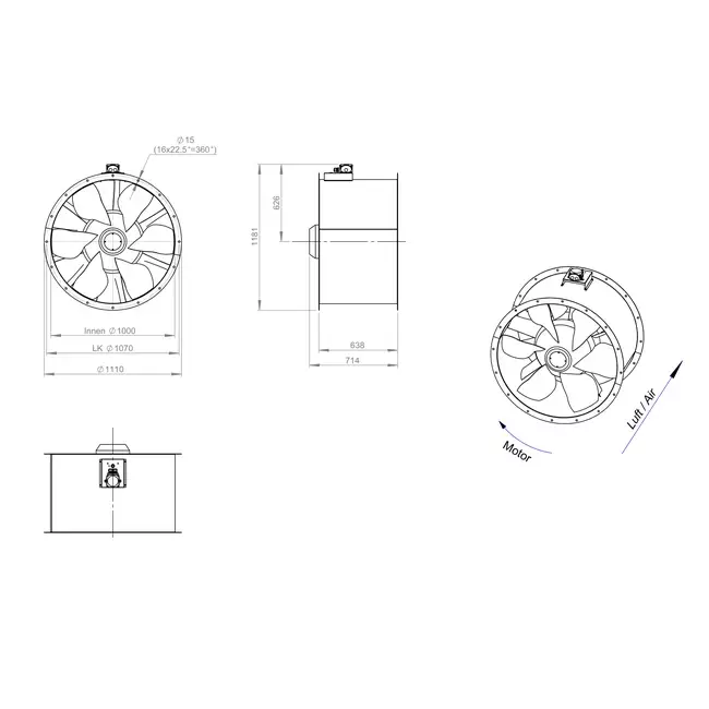 Aksial 1000 mm kanalventilator - AL 1000 D6 02 CFG
