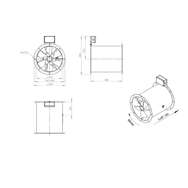 Axial 315 mm røggasventilator med kanal F400 - AL 315 D2 F4 01 CFG
