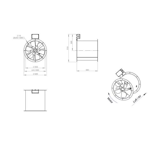 Aksial 355 mm røggasventilator med kanal F400 - AL 355 D42U F4 02 CFG