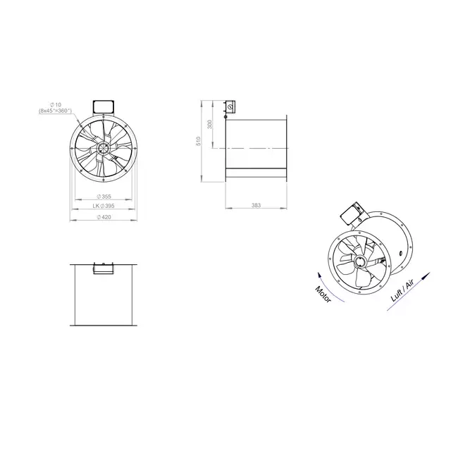 Aksial 355 mm røggasventilator med kanal F400 - AL 355 D42U F4 01 CFG