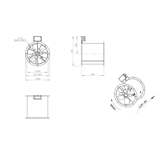 Aksial 355 mm røggasventilator med kanal F300- AL 355 D2 F3 02 CFG