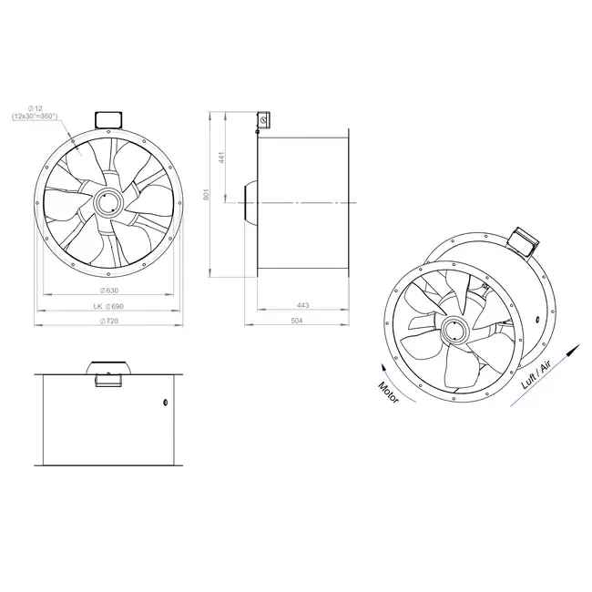 Axial 630 mm røggasventilator med kanal F400 - AL 630 D6 F4 02 CFG