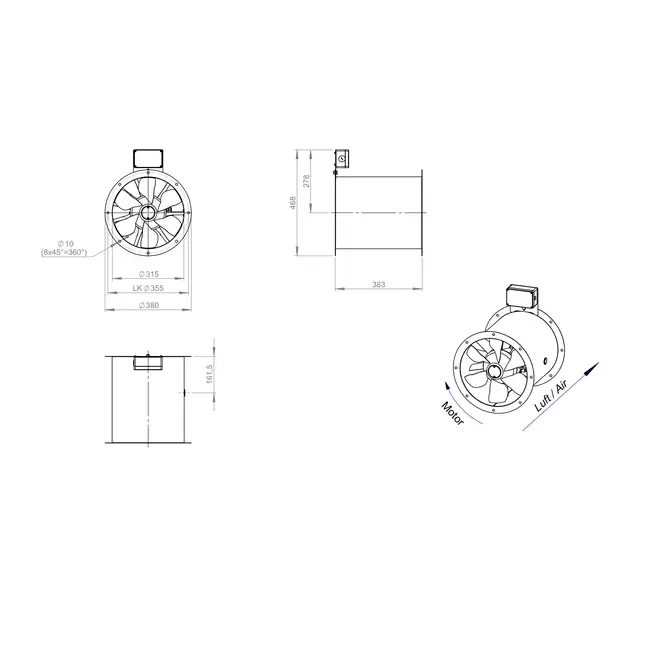 Axial 315 mm røggasventilator med kanal F300- AL 315 D2 F3 03 CFG