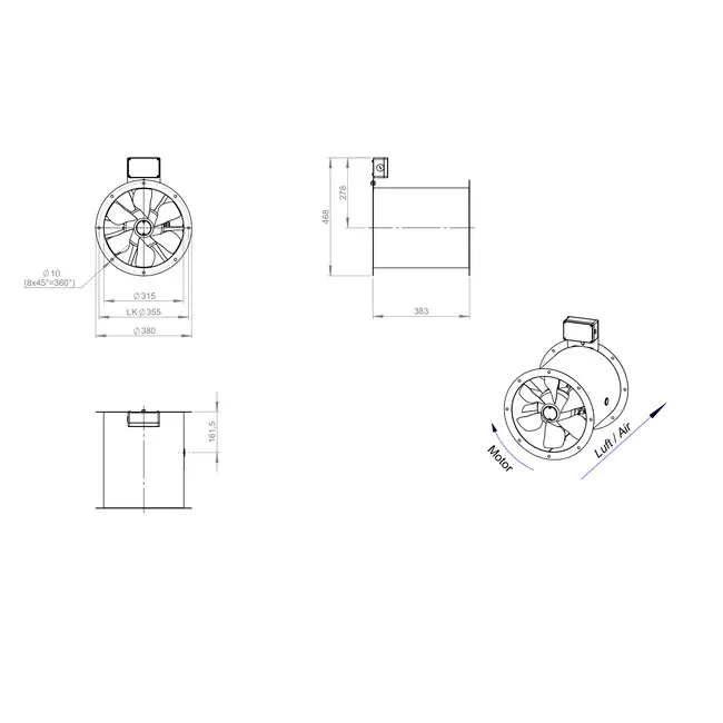 Axial 315 mm røggasventilator med kanal F300- AL 315 D42U F3 02 CFG