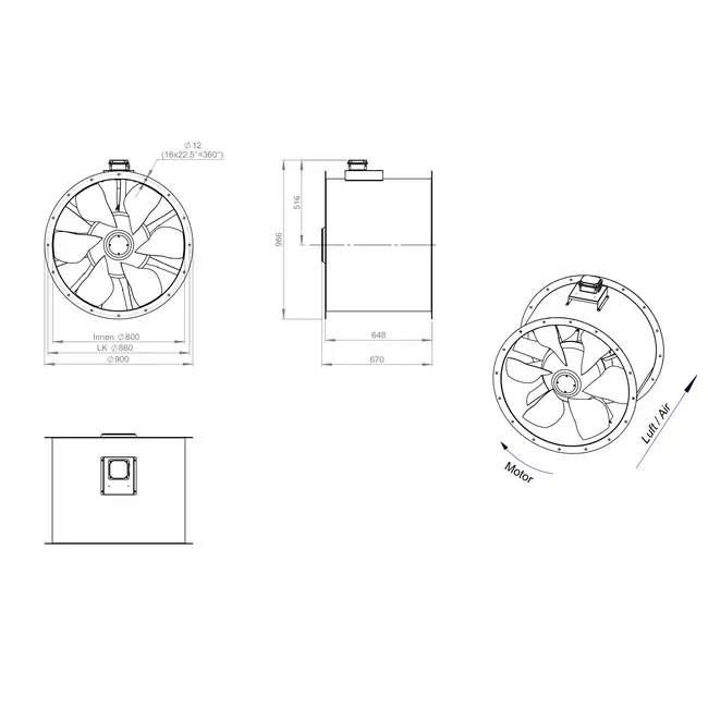 Aksial 800 mm kanalventilator røggas F400 - AL 800 D6 F4 03 CFG