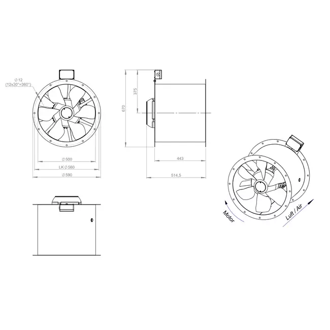 Aksial 500 mm røggasventilator med kanal F400 - AL 500 D2 F4 01 CFG