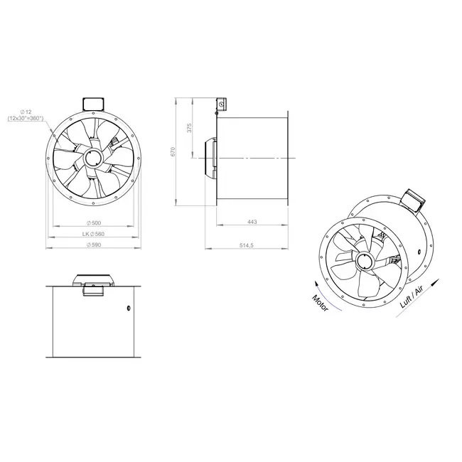 Aksial 500 mm røggasventilator med kanal F400 - AL 500 D42U F4 01 CFG