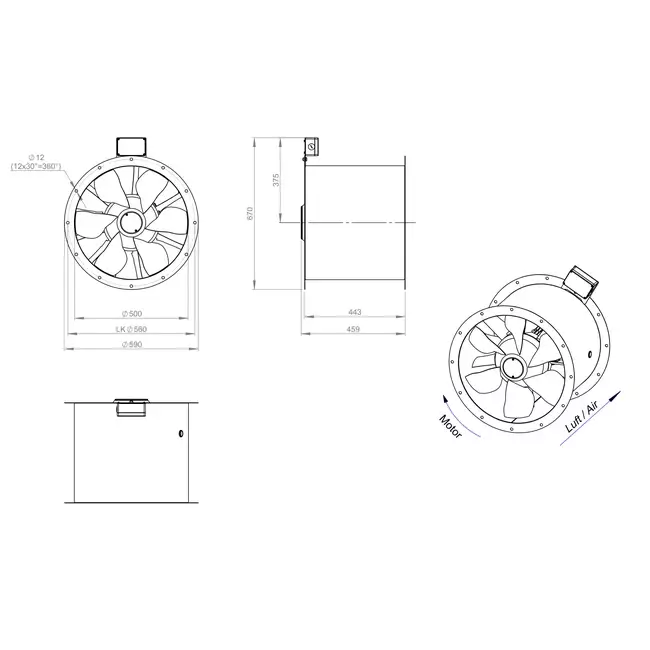 Aksial 500 mm røggasventilator med kanal F400 - AL 500 D4 F4 03 CFG